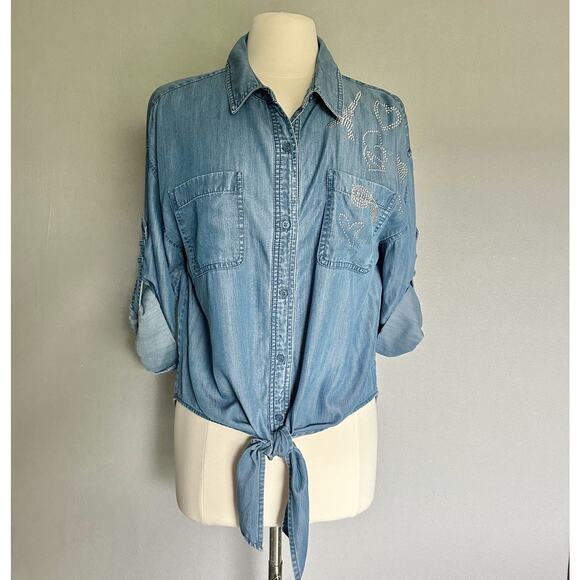 Karl Lagerfeld Embellished Lyocell Chambray Shirt Tie Front Sz M - Picture 1 of 13